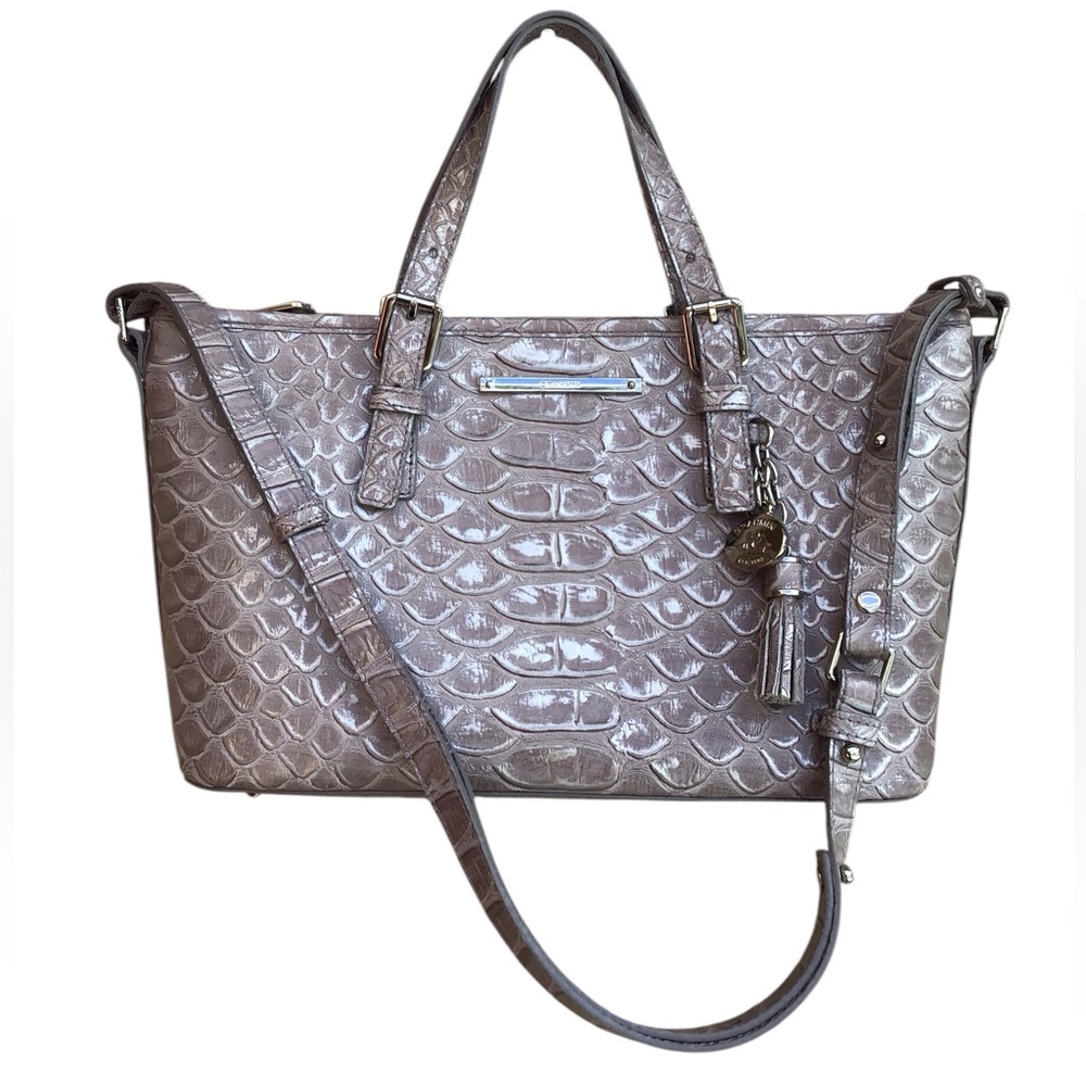Brahmin Melbourne Mini Asher Satchel Bag In Gray Crocodile Embossed Leather